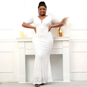 Plus Size White Sequin Dress V Neck Evening Dress Half Sleeve Formal Party Maxi Dress Long Prom Dress