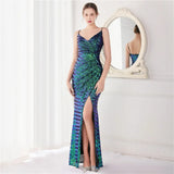 Women Strap Party Maxi Dress Sexy Slit V Neck Evening Sequin Long Prom Dress