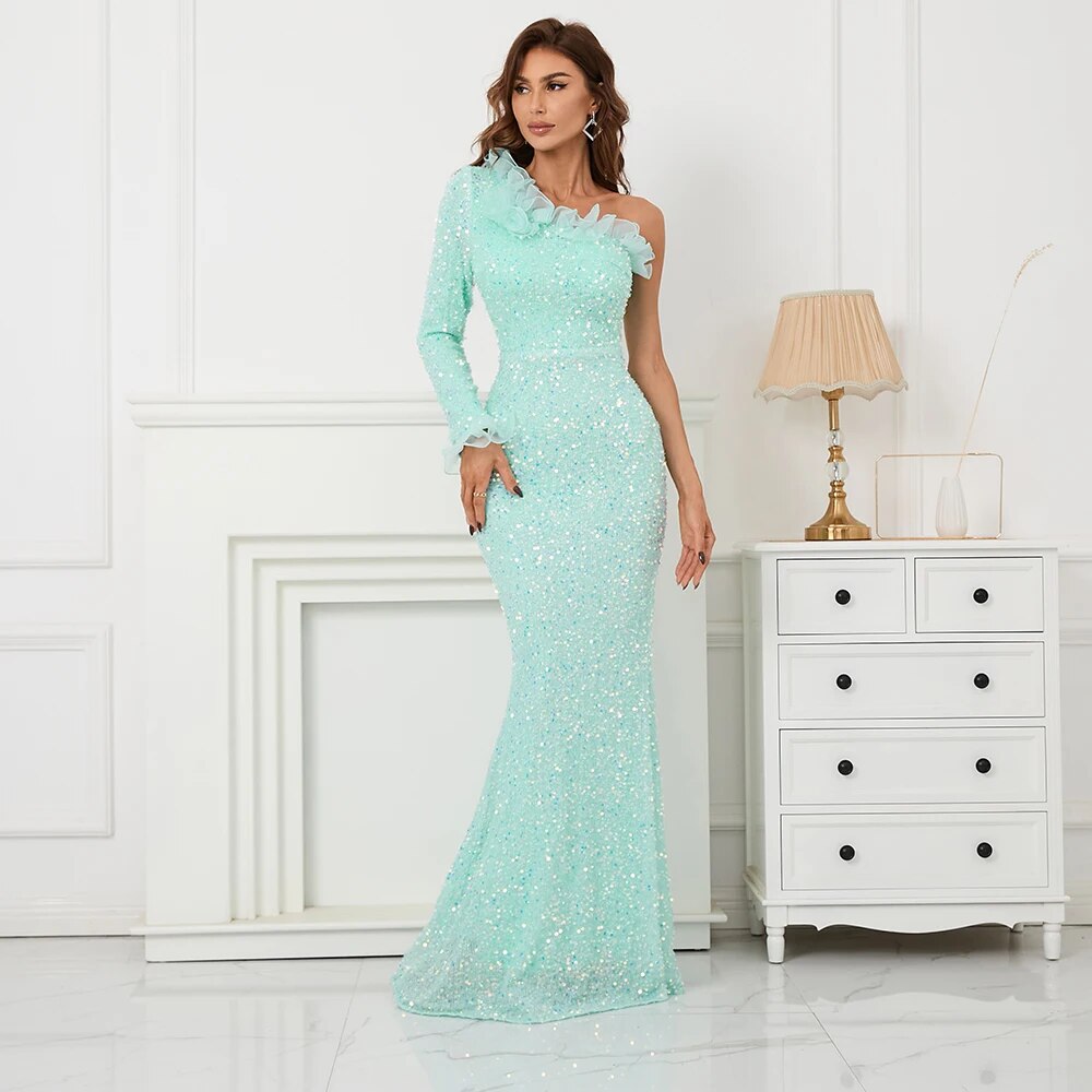 Slash Neck Long Sequin Women One Shoulder Light Blue Party Maxi Dress Sexy Evening Dress