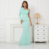 Slash Neck Long Sequin Women One Shoulder Light Blue Party Maxi Dress Sexy Evening Dress