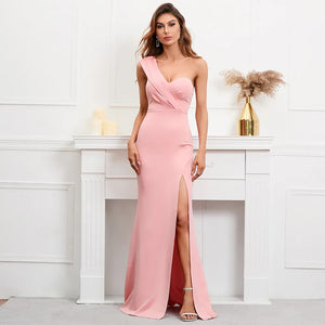 Women One Shoulder Simple Pleat Evening Dress Pink Celebrity Party Maxi Sexy Slash Neck Long Dress