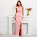 Women One Shoulder Simple Pleat Evening Dress Pink Celebrity Party Maxi Sexy Slash Neck Long Dress