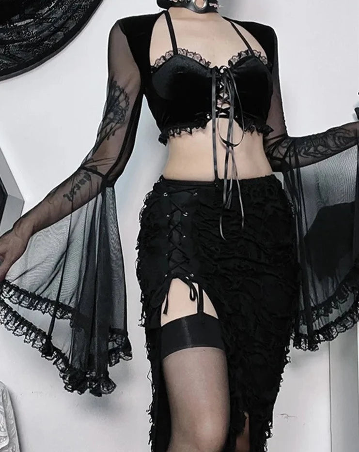Autumn Mesh Gothic Vintage Party Crop Tops Velvet Patchwork Flare Sleeve Harajuku Y2k Black Holiday Steampunk Tshirts