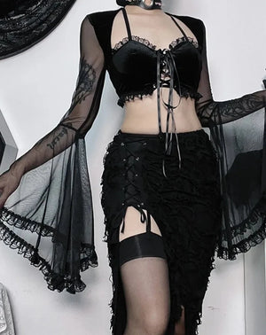 Autumn Mesh Gothic Vintage Party Crop Tops Velvet Patchwork Flare Sleeve Harajuku Y2k Black Holiday Steampunk Tshirts