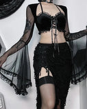 Autumn Mesh Gothic Vintage Party Crop Tops Velvet Patchwork Flare Sleeve Harajuku Y2k Black Holiday Steampunk Tshirts