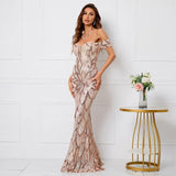 Women Elegant Party Maxi Dress Off Shoulder Gold Sequin Evening Dress Long Prom Dress