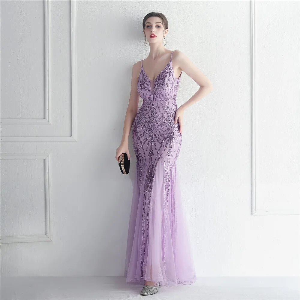 Women Gold Sequin Mesh Evening Dress Sexy Strap Party Maxi Long Prom Dress