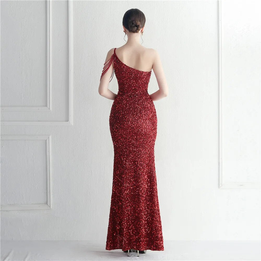 Sexy Slit Beading Evening Dress Women Slash Neck Sequin Party Maxi Long Prom Dress