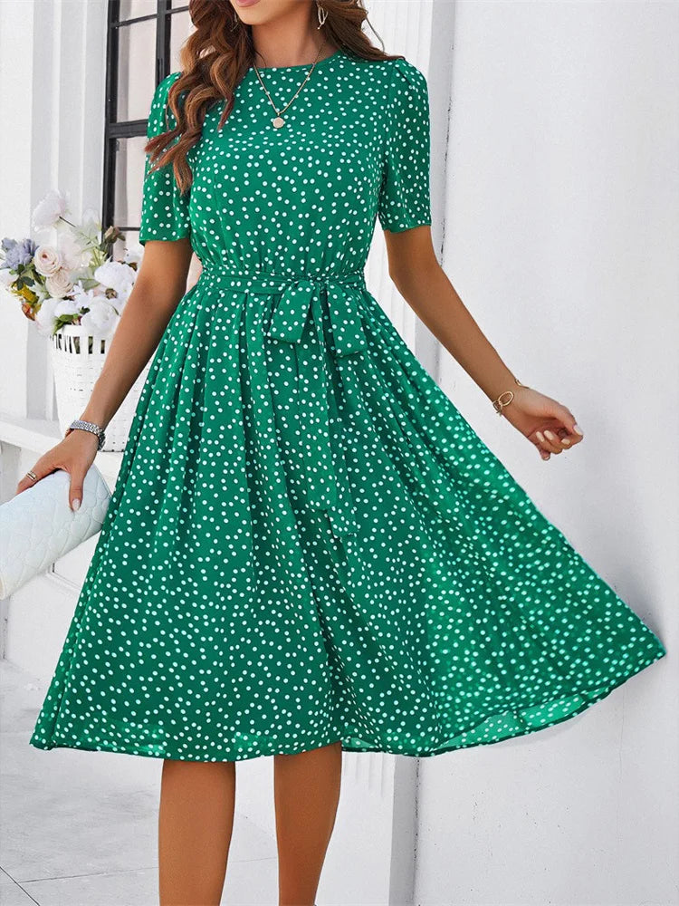2024 Summer Chiffon Vintage Midi Women's Dress Elegant Polka Dot Print Short Sleeve 1950s 60s Office Party Short Dress with Belt