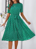 2024 Summer Chiffon Vintage Midi Women's Dress Elegant Polka Dot Print Short Sleeve 1950s 60s Office Party Short Dress with Belt