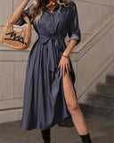 2024 High Split Vintage Women Party Dress Solid Elegant Single Breasted Button Shirt Casual Spring Office Runway A Line Dresses