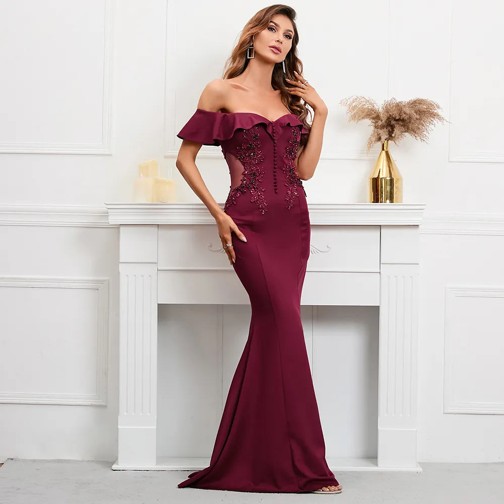 Soft Satin See Through Appliques Beading Long Evening Dress Elegant Off Shoulder Party Maxi Long Prom Dress