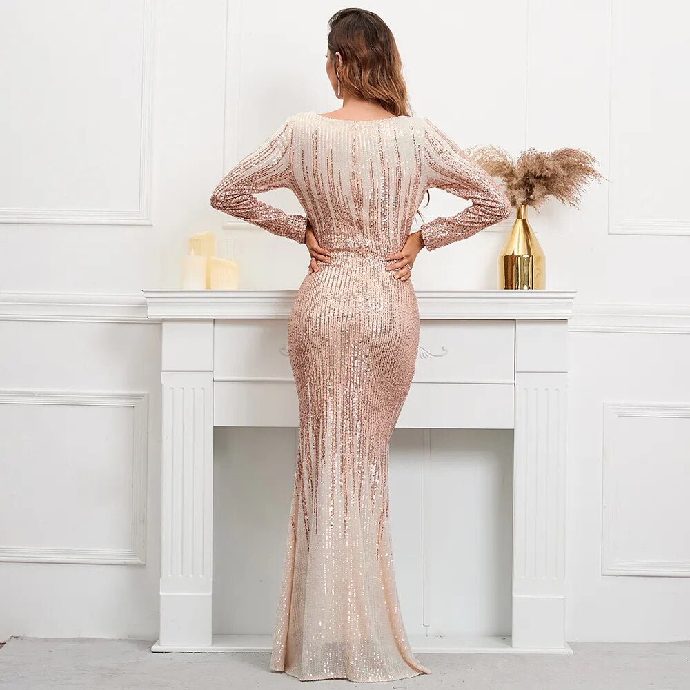 Stretch Gold Sequined Maxi Dress Full Sleeve V Neck Mermaid Evening Night Long Party Prom Dress
