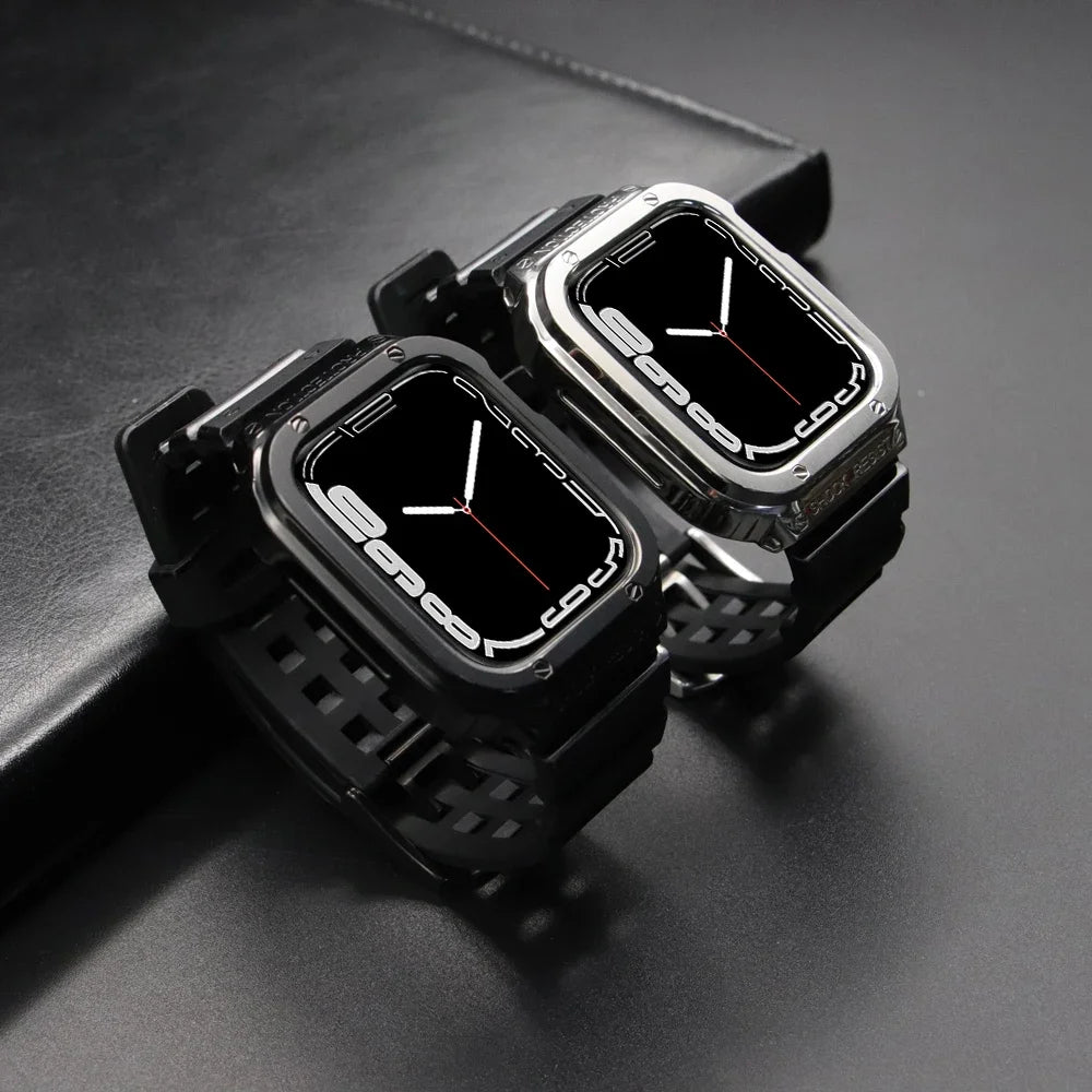 Metal Accessories Mod Kit For Apple Watch Band 45mm 44mm Stainless Steel Strap+Case For IWatch Series 7 6 5 4 SE Rubber Bracelet