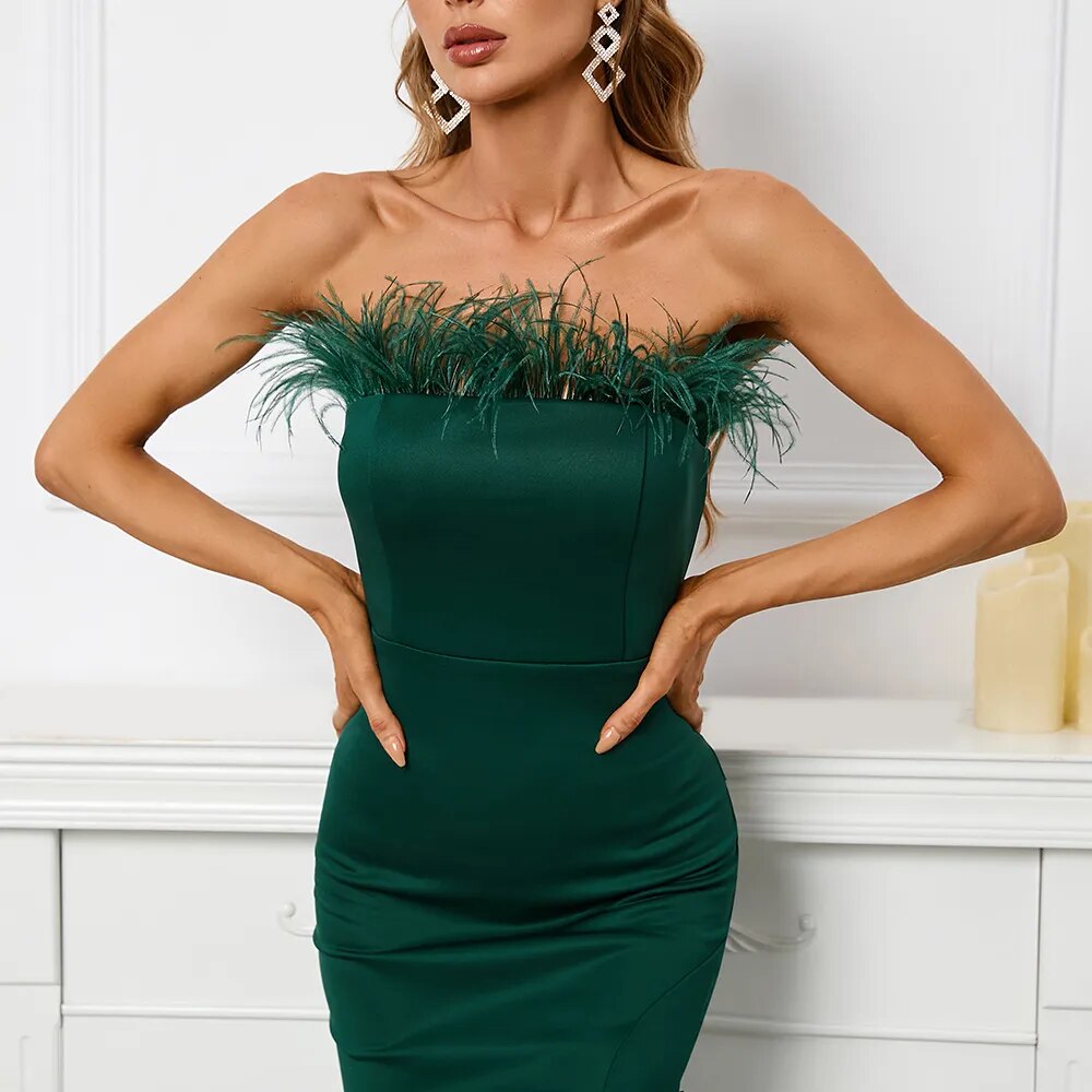 Off Shoulder Feather Long Sexy Slit Satin Dress Floor Length Green Color Evening Party Maxi Celebrity Dress