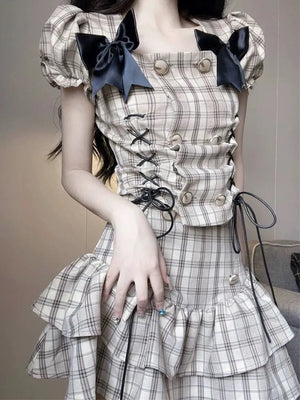 Hot Girl Plaid Suit Set Suspender Crop Top Summer Pleated Mini Skirt Fried Street Skirt Y2k Two Piece Set