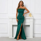 Off Shoulder Feather Long Sexy Slit Satin Dress Floor Length Green Color Evening Party Maxi Celebrity Dress
