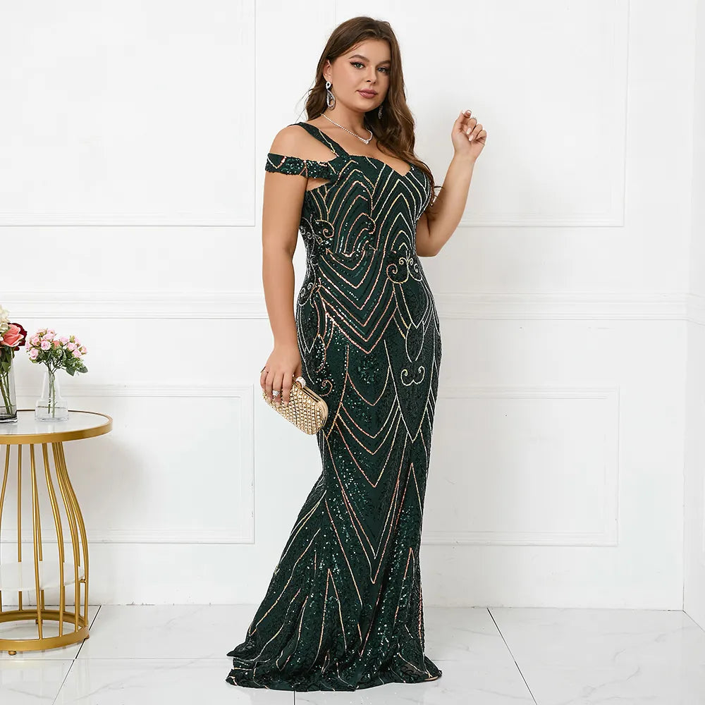 Plus Size Women Elegant Strap Party Maxi Dress Green Sequin Evening Dress Long Prom Dress