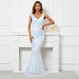 Women Whiite Sequin V Neck Beading Party Maxi Dress Sexy Evening Dress Long Prom Dress