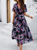 2024 High Waist Chiffon Long Women Floral Summer Dress Short Sleeve V Neck Bohemian Holiday A Line Vestidos
