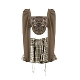 Hot Girl Plaid Set Bow Tie Crop Top Shirt Autumn Pleated Mini Fried Street Skirt Y2k Two Piece Set