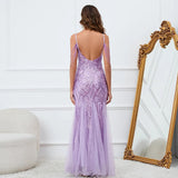 Women Purple Sequin Mesh Evening Dress Sexy Strap Beading Party Maxi Long Prom Dress