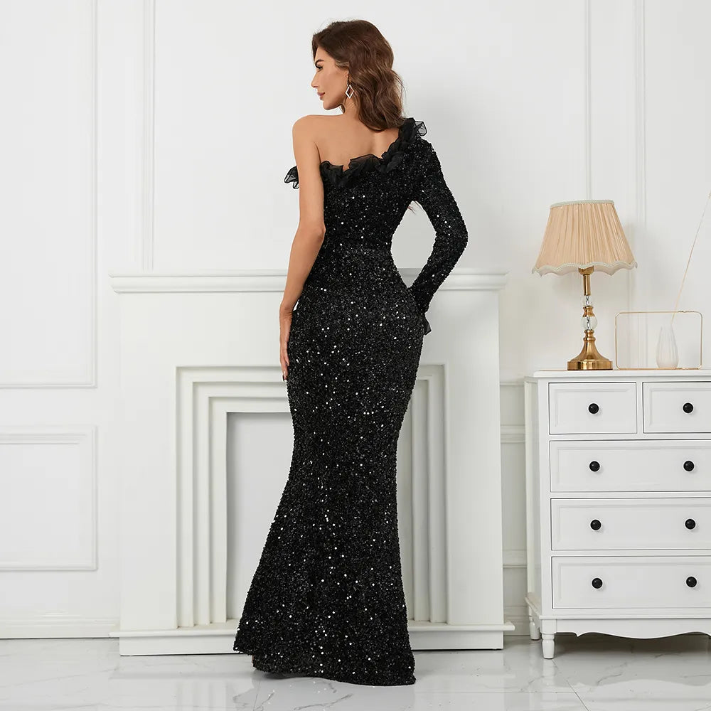 Slash Neck Long Black Sequin Women One Shoulder Party Maxi Sexy Evening Dress