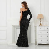 Slash Neck Long Black Sequin Women One Shoulder Party Maxi Sexy Evening Dress
