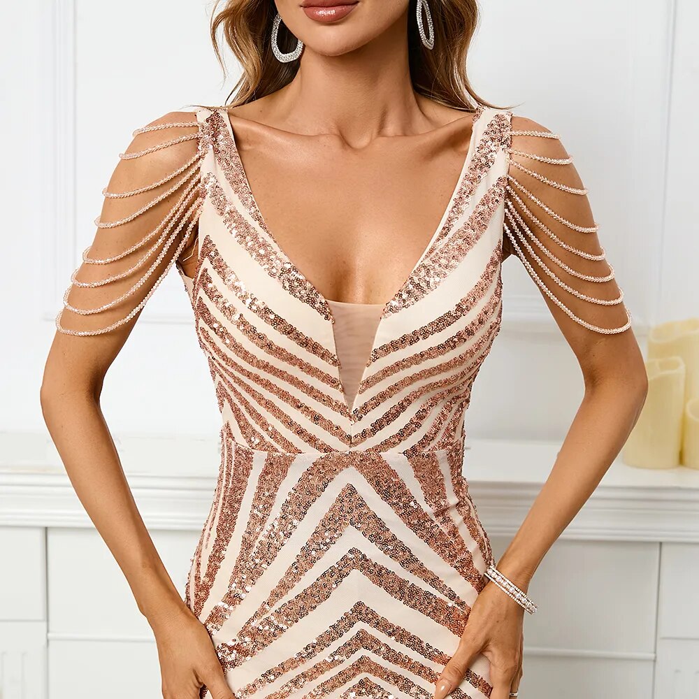 Women Beading Long Prom Dress Deep V Neck Gold Sequin Evening Dress Sexy Party Maxi Dress