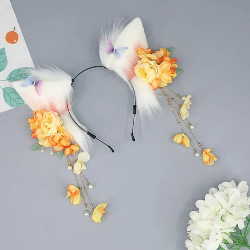 Spring Summer Fox Ear Shape Hair Hoop with Tassel Flower Decors Hair Holder Cosplay Party Headwear for Teenagers Adult