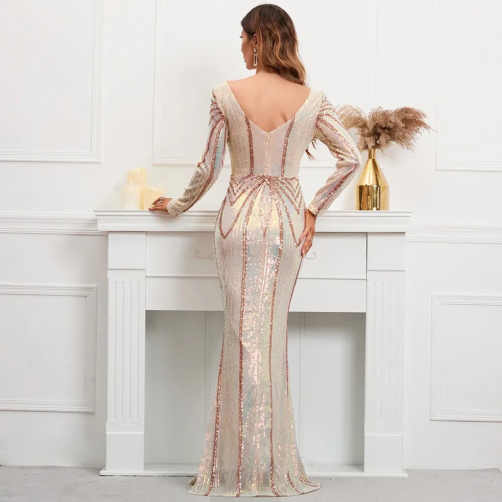 Stretch Gold Sequin Maxi Dress Full Sleeve V Neck Mermaid Evening Night Long Party Dress