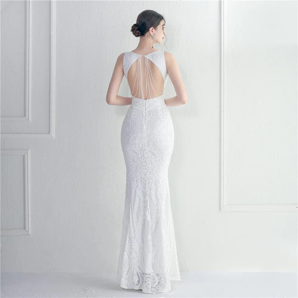 Backless Beading White Sequin Evening Dress New Women Party Maxi Dress Long Prom Dress