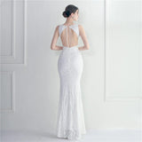 Backless Beading White Sequin Evening Dress New Women Party Maxi Dress Long Prom Dress