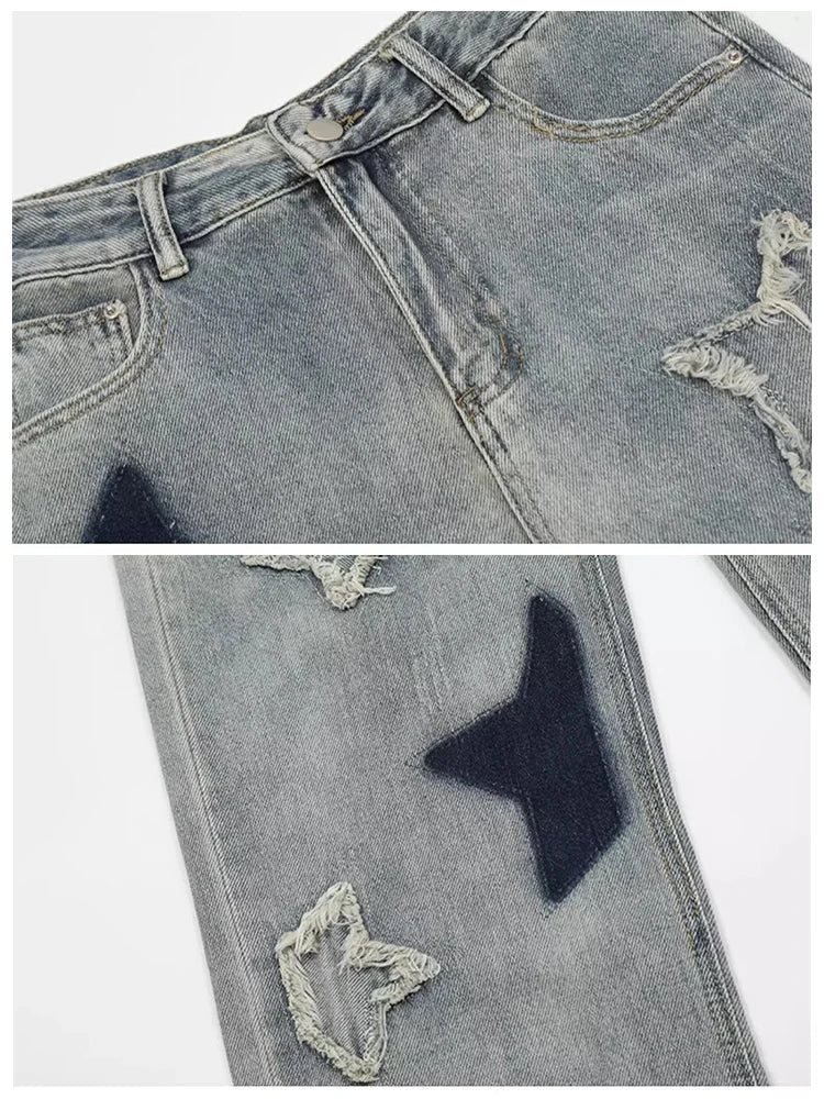 American Retro Y2K Jeans Women Star Raw Edge Splicing Loose Wide Leg Denim Pants Female Blue Embroidery Trousers