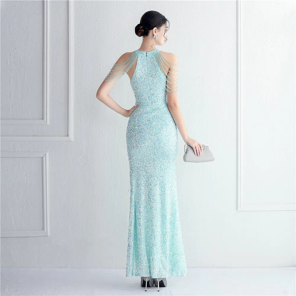 Off Shoulder Long Beading Gold Sequin Dress Sexy Slit Party Women Evening Dress