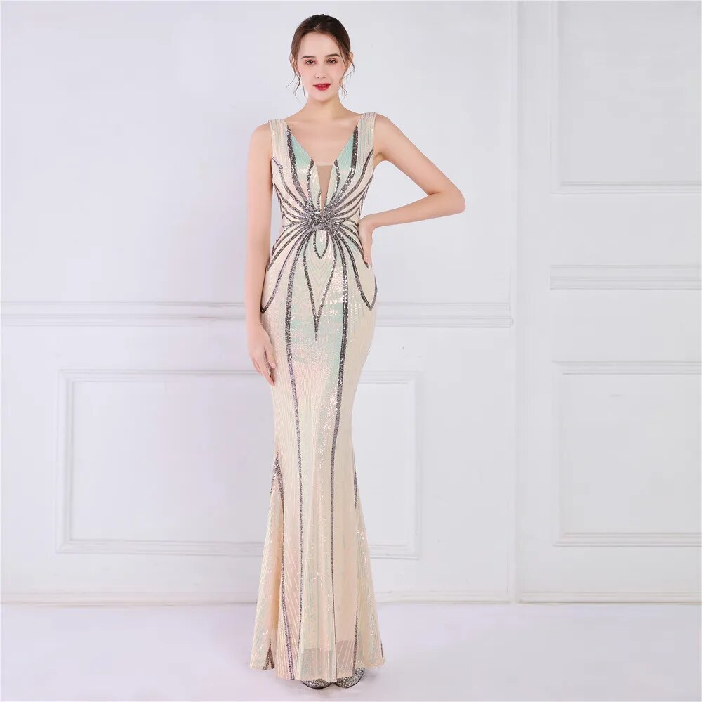 Women Deep V Neck Gold Sequin Dress Long Prom Evening Dress Sexy Party Maxi Dress