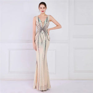 Women Deep V Neck Gold Sequin Dress Long Prom Evening Dress Sexy Party Maxi Dress
