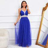 Women Tulle Sleeveless V Neck Beading Evening Elegant Party Maxi Dress