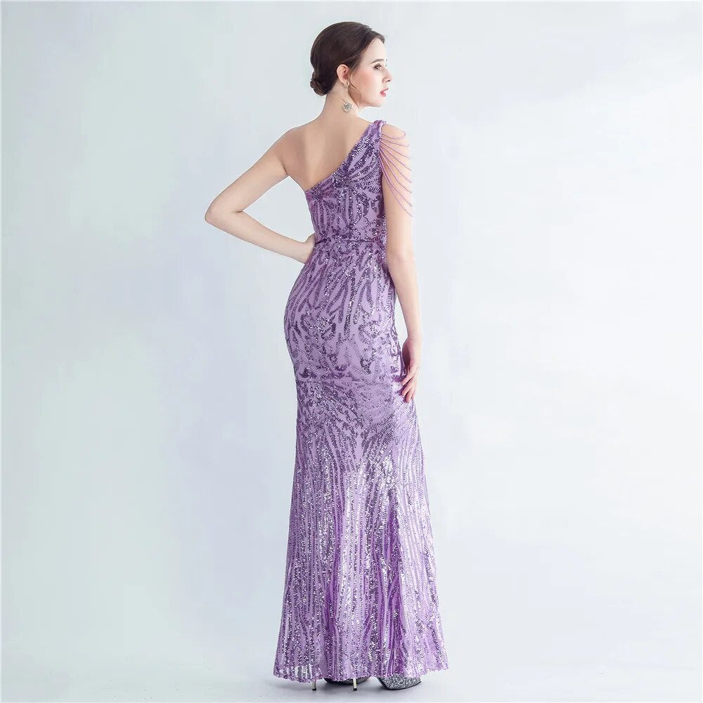 Elegant Slash Neck Sequin Evening Dress Women Beading Long Party Maxi Dress