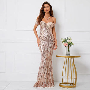 Women Elegant Party Maxi Dress Off Shoulder Gold Sequin Evening Dress Long Prom Dress