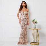Women Elegant Party Maxi Dress Off Shoulder Gold Sequin Evening Dress Long Prom Dress