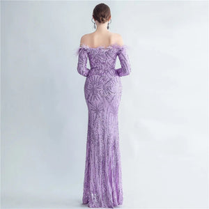 Off Shoulder Feather Sequin Dress Full Sleeve Evening Night Long Party Maxi Dress