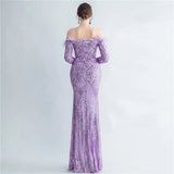 Off Shoulder Feather Sequin Dress Full Sleeve Evening Night Long Party Maxi Dress