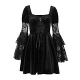 Flare Sleeves Lace Witchy Gothic 40s 50s Retro Vintage Lace Up Velvet Bodycon Goth Dress