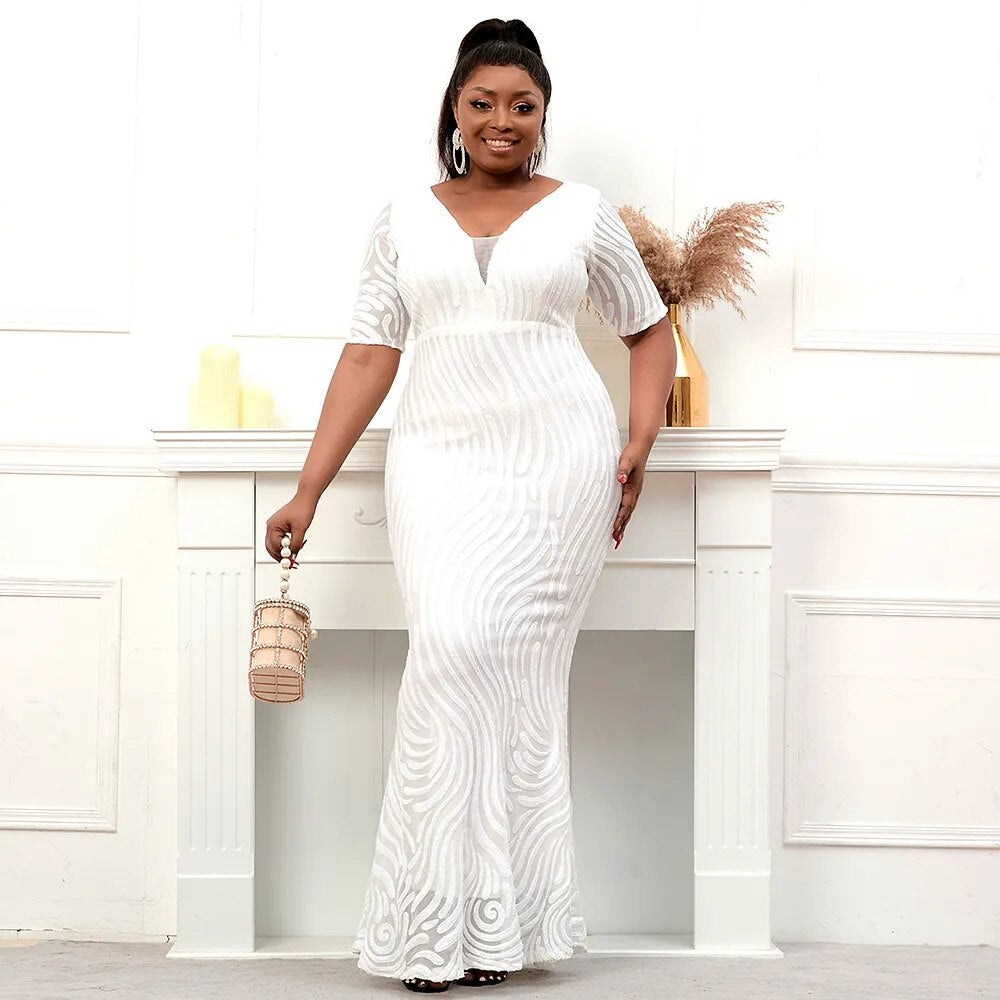 Plus Size White Sequin Dress V Neck Evening Dress Half Sleeve Formal P – jetechband