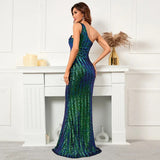 Women Sexy Slash Neck Party Maxi Dress One Shoulder Green Sequin Evening Dress Long Prom Dress