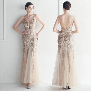 Women Gold Sequin Strap Beading Party Maxi Dress Sexy V Neck Evening Dress Long Prom Dress
