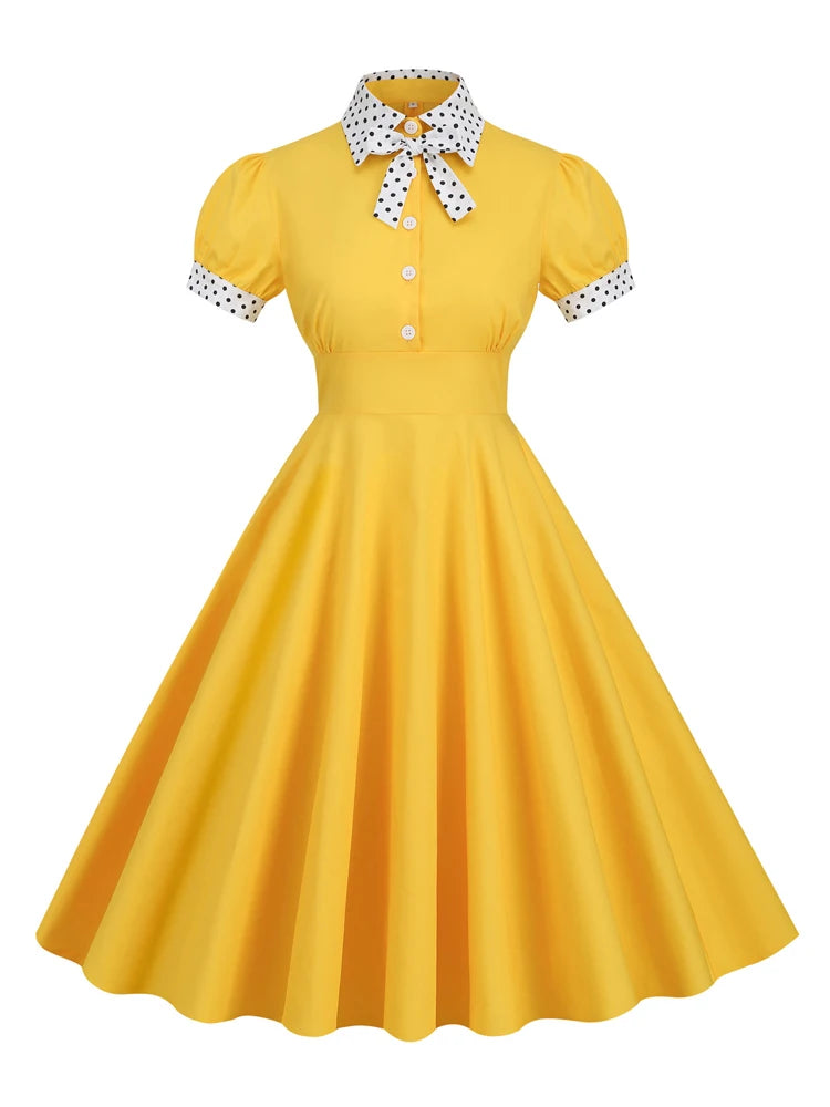 Contrast Dotted Collar and Cuff Bow Front Button Up Rockabilly Dress W –  jetechband