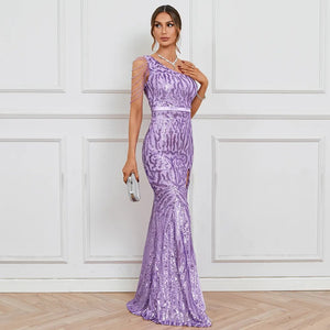 Elegant Slash Neck Sequin Evening Dress Women Beading Long Party Maxi Dress