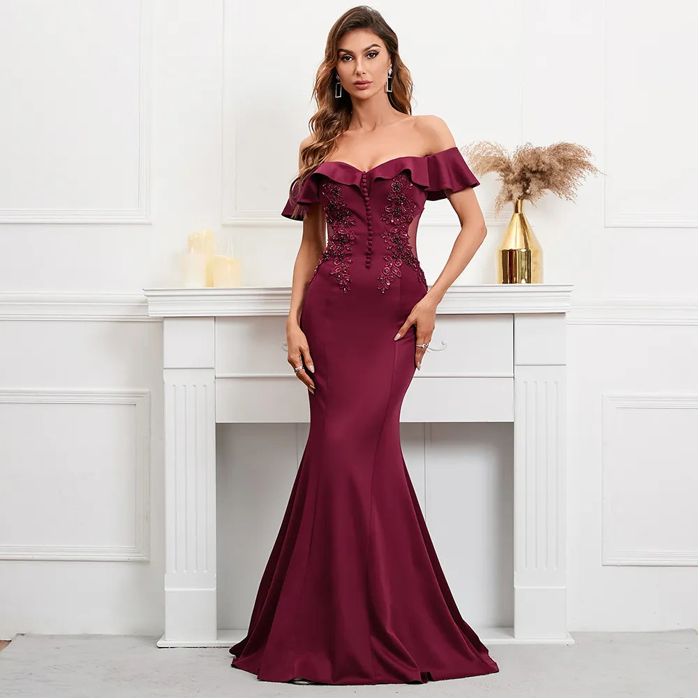 Soft Satin See Through Appliques Beading Long Evening Dress Elegant Off Shoulder Party Maxi Long Prom Dress